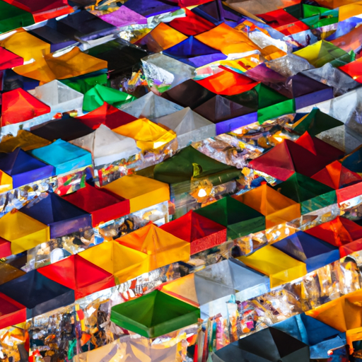 סצנה שוקקת מאחד משווקי הלילה המפורסמים של בנגקוק, מלאה בסחורה צבעונית.